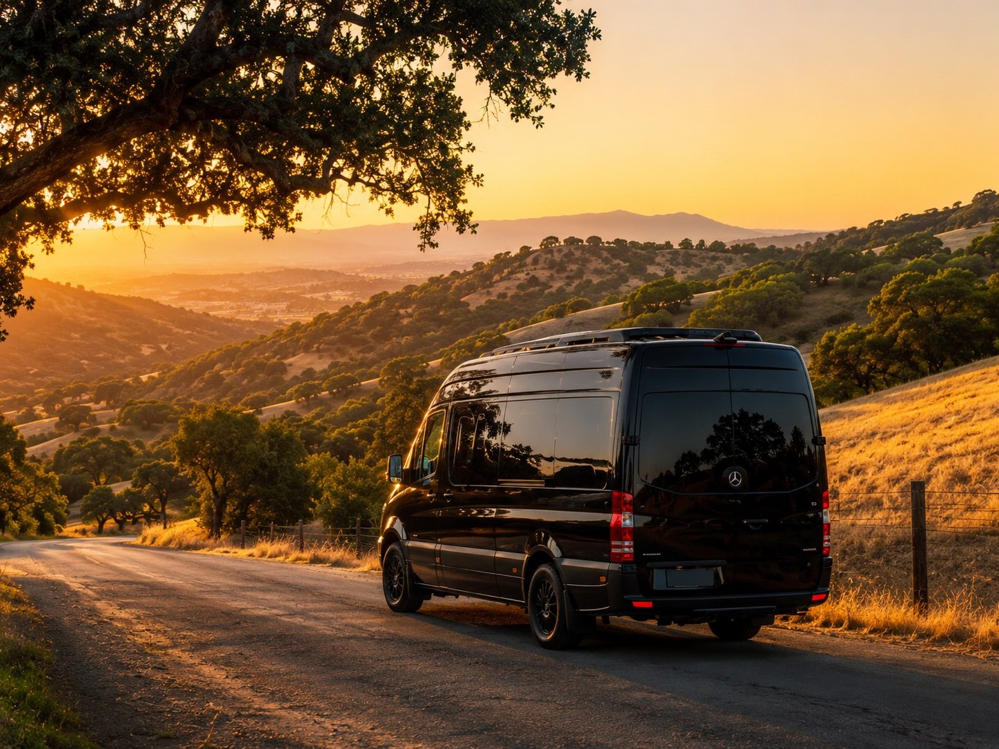 Luxury Sprinter Van on scenic Northern California road at golden hour