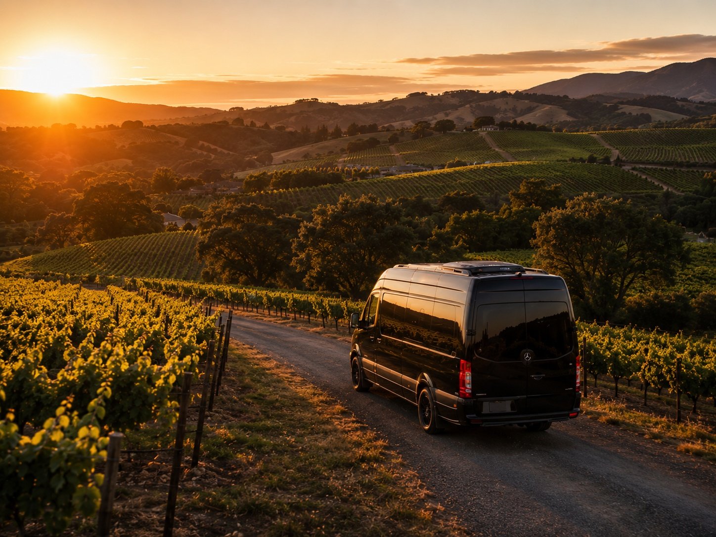 Napa Valley vineyard rows at sunset
