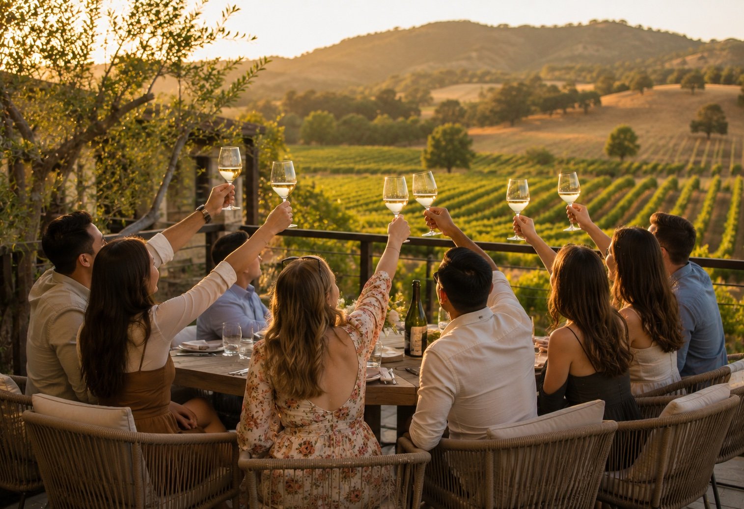 Birthday celebration group raising wine glasses at a scenic Napa Valley winery terrace