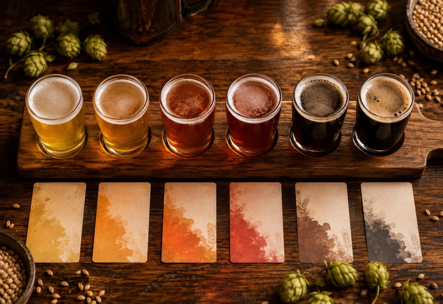 Craft beer flight with multiple pint glasses at a St. Helena Napa Valley brewpub