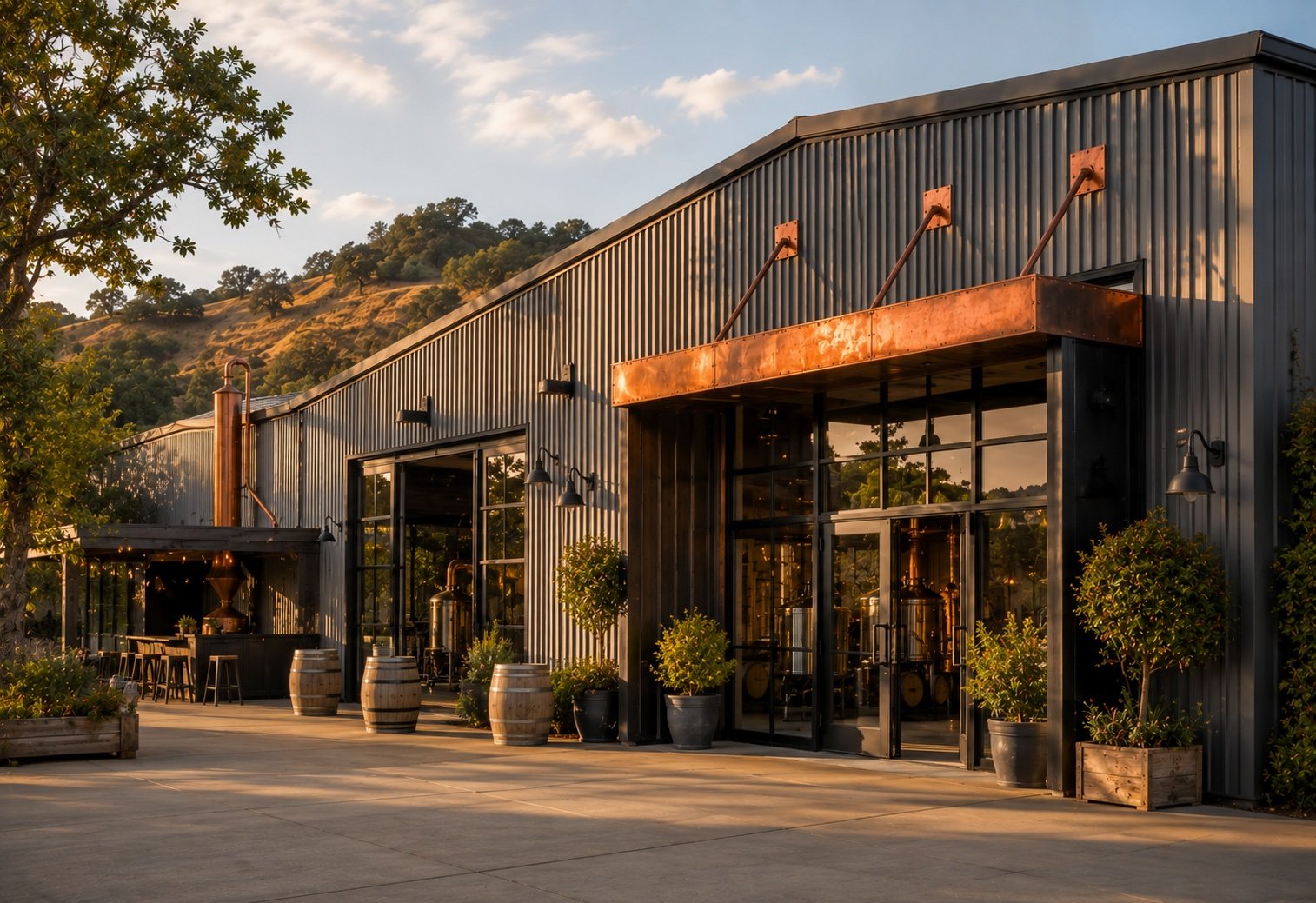 Hangar 1 Distillery aviation-themed facility exterior at Alameda Point near San Francisco Bay