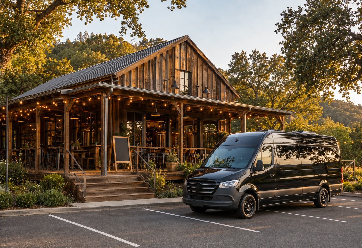 Sonoma County craft brewery exterior with hop vines and outdoor seating