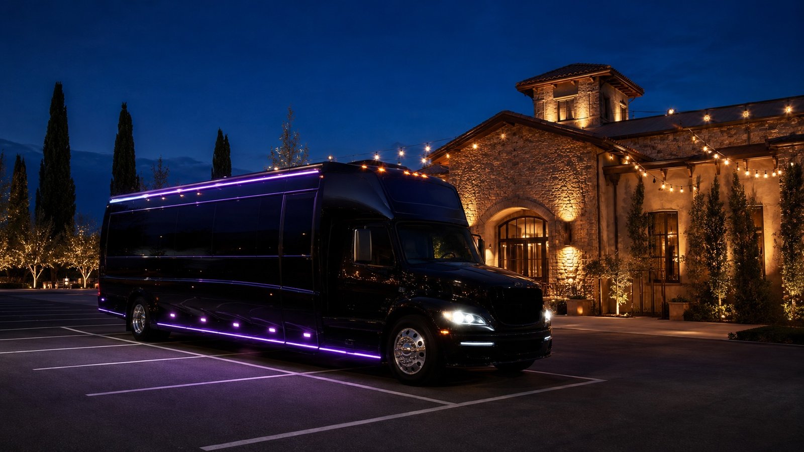 Luxury party bus for large prom groups in Napa Valley at night