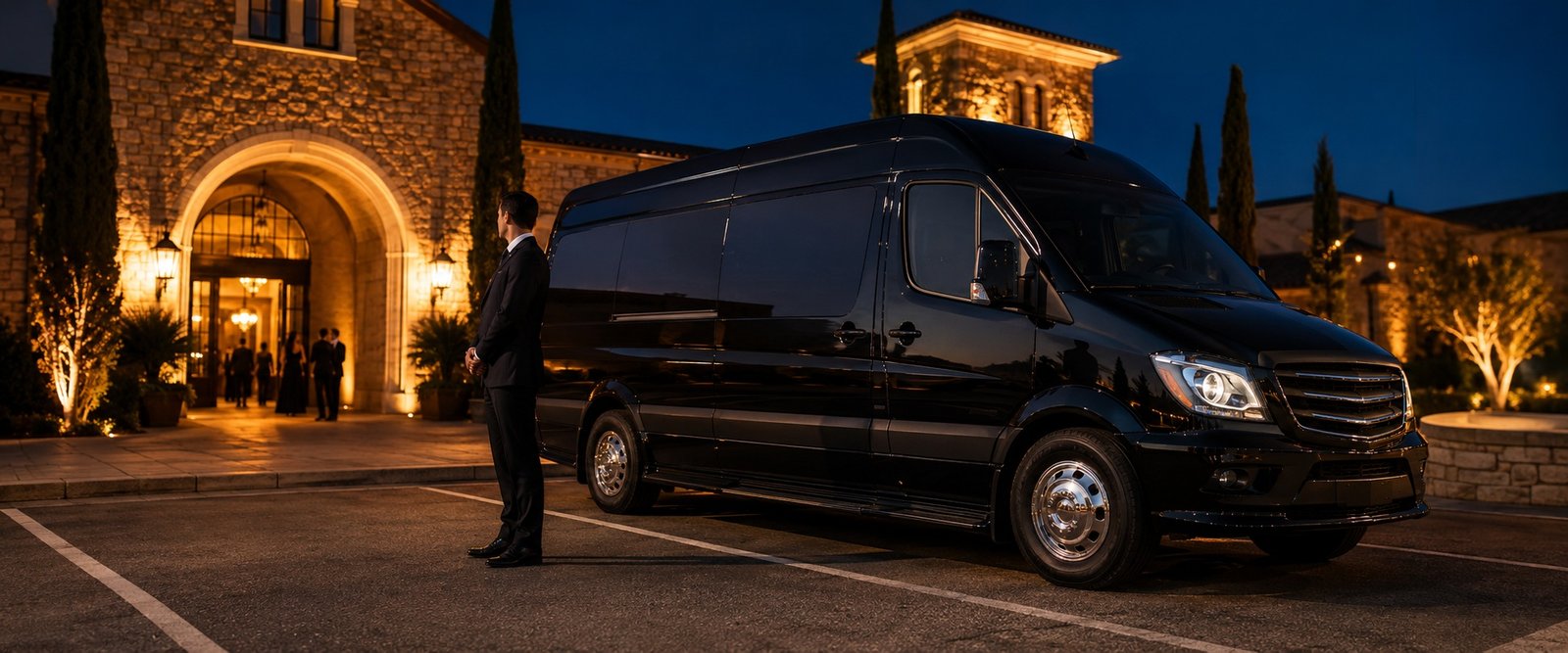 Professional driver beside luxury Sprinter Van outside Napa Valley event venue at night