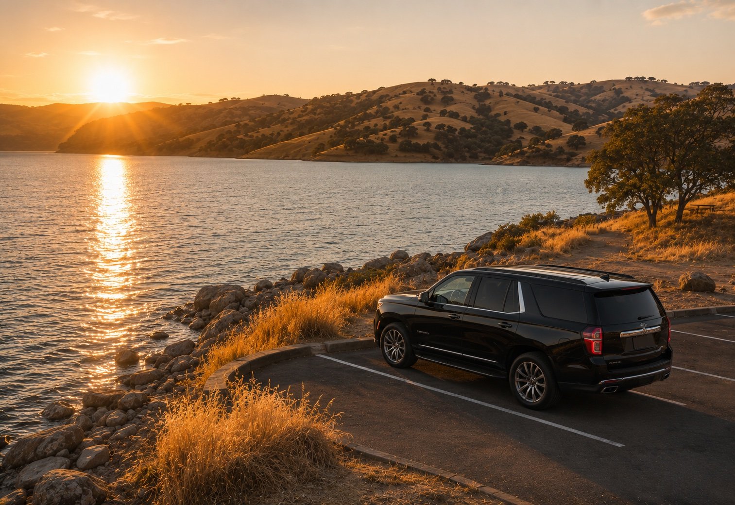 Lake Berryessa reservoir shoreline at golden hour with oak-covered hills in Napa County