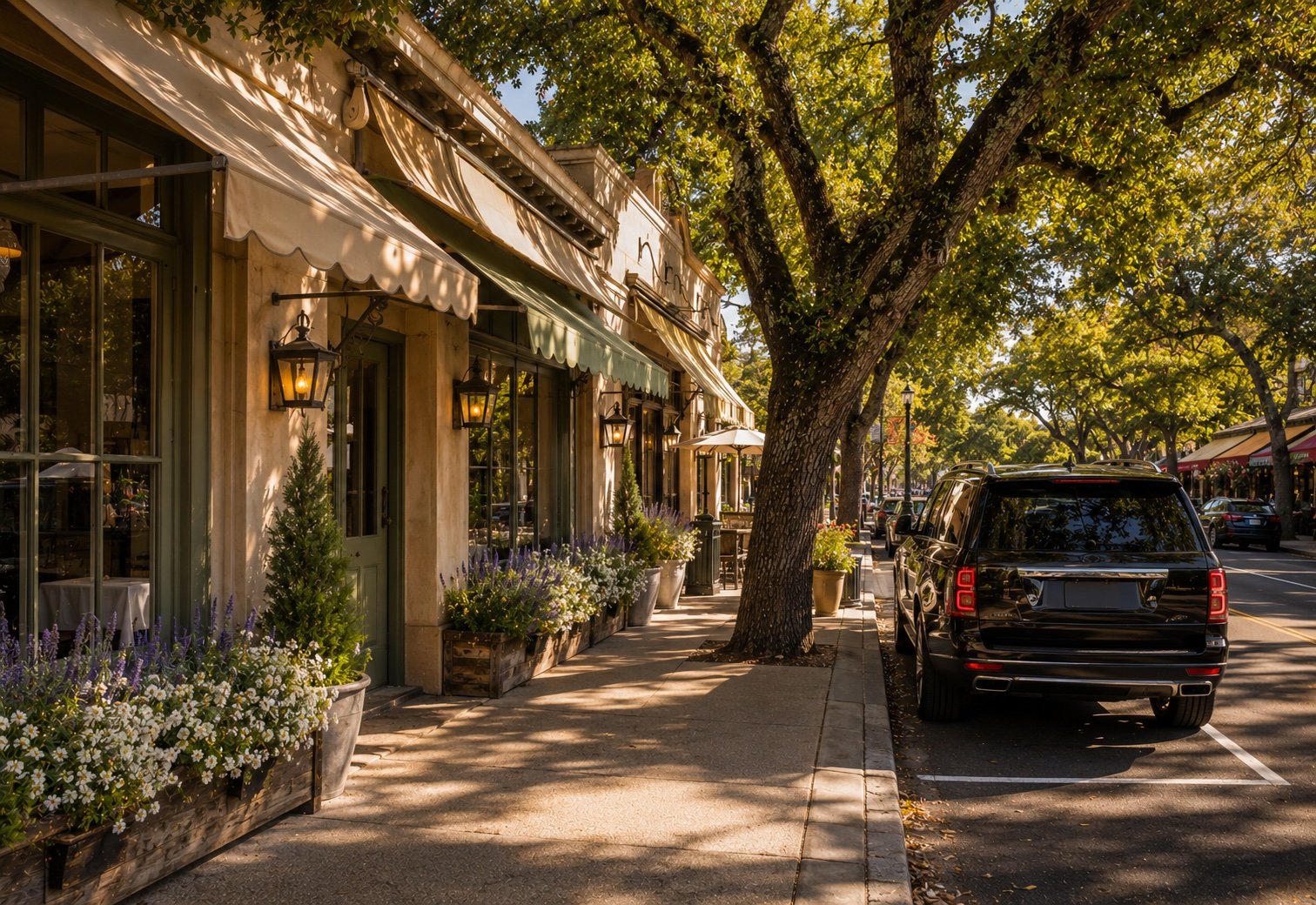 Charming Yountville village main street with wine country boutiques and French restaurants