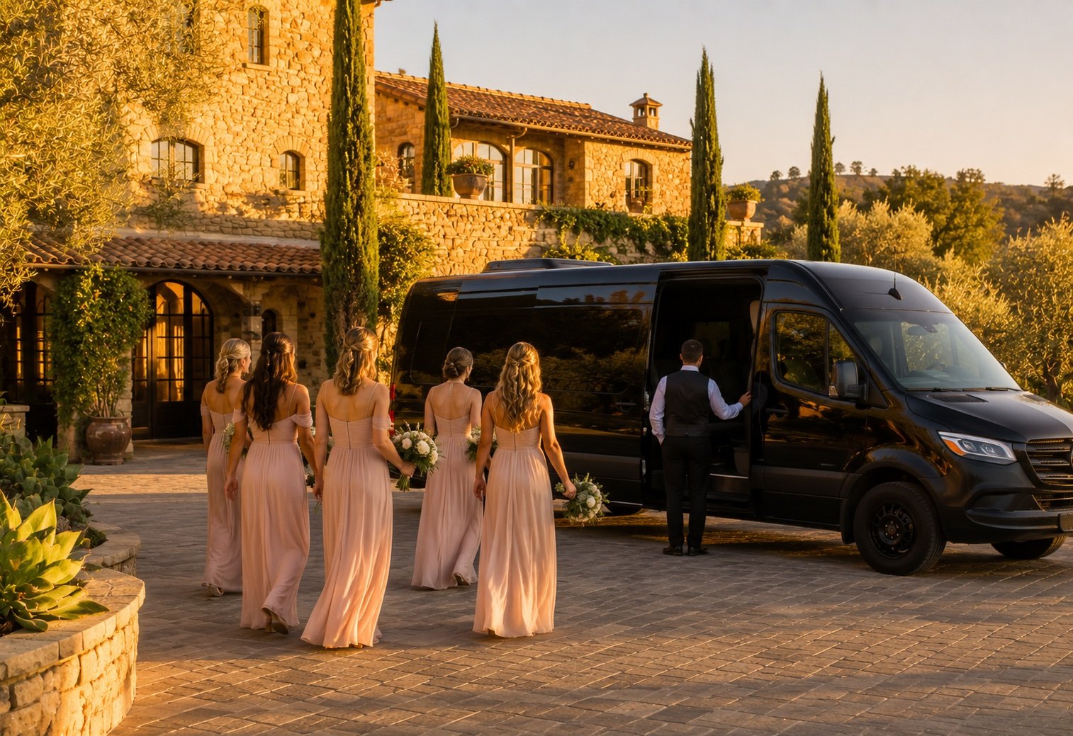 Elegant bridal party boarding a luxury Sprinter van at a Napa Valley vineyard