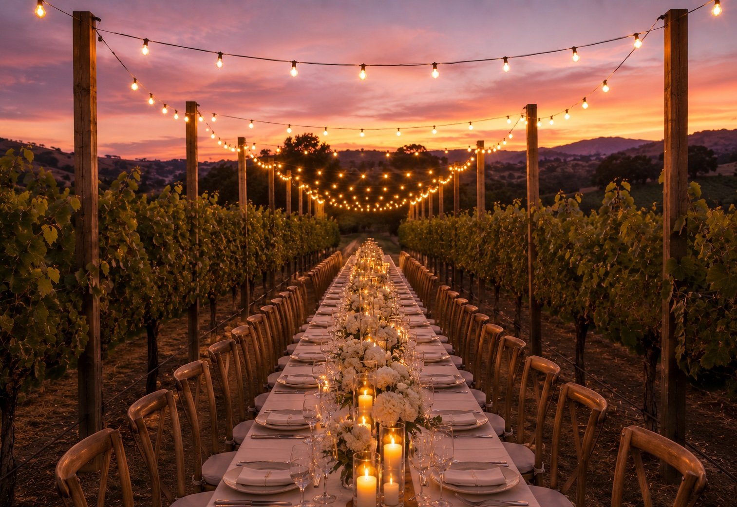 Outdoor vineyard wedding reception with rows of vines glowing at golden hour