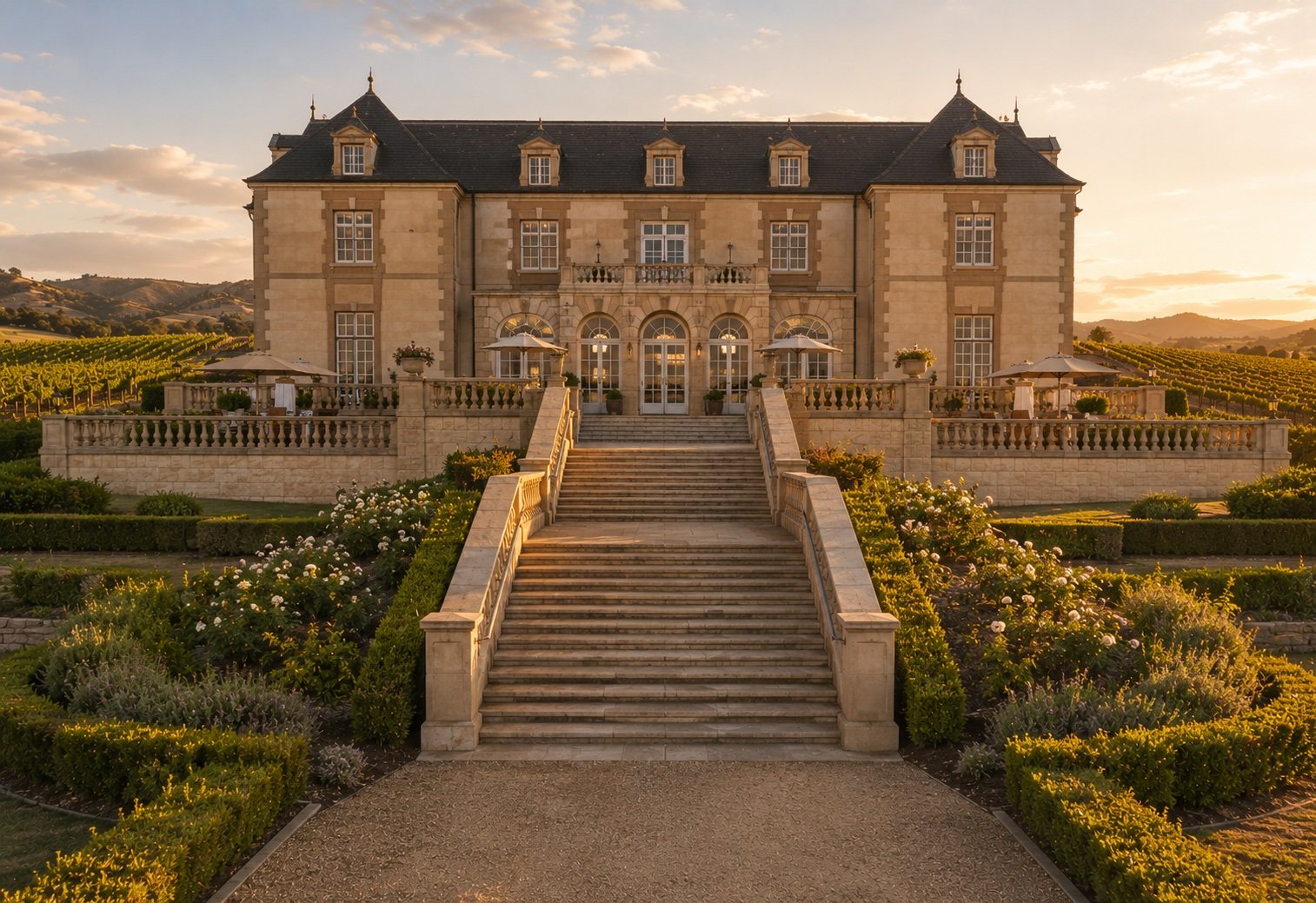 Domaine Carneros château terrace with sparkling wine and vineyard panorama