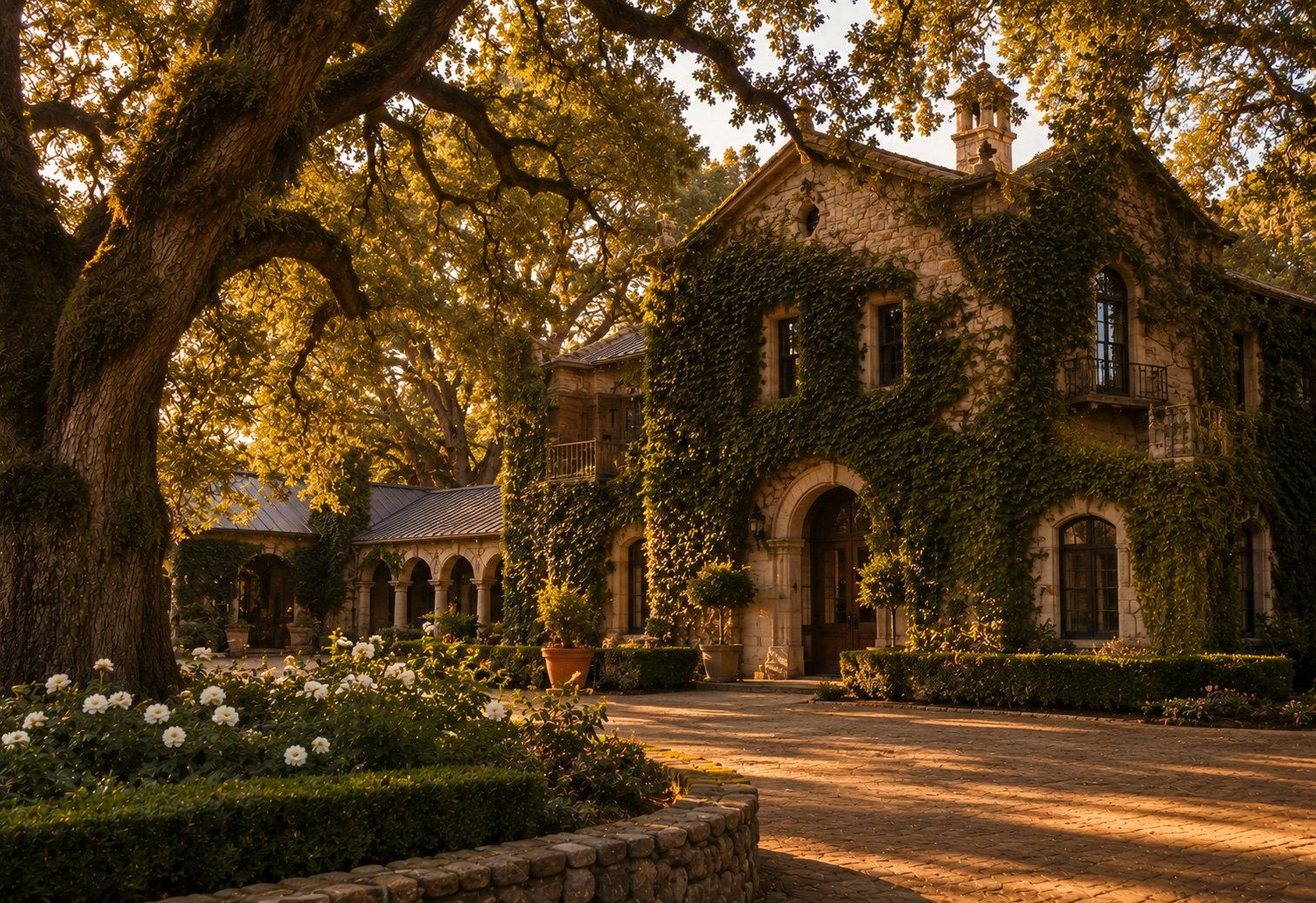Far Niente historic stone winery estate surrounded by century-old oaks in Oakville