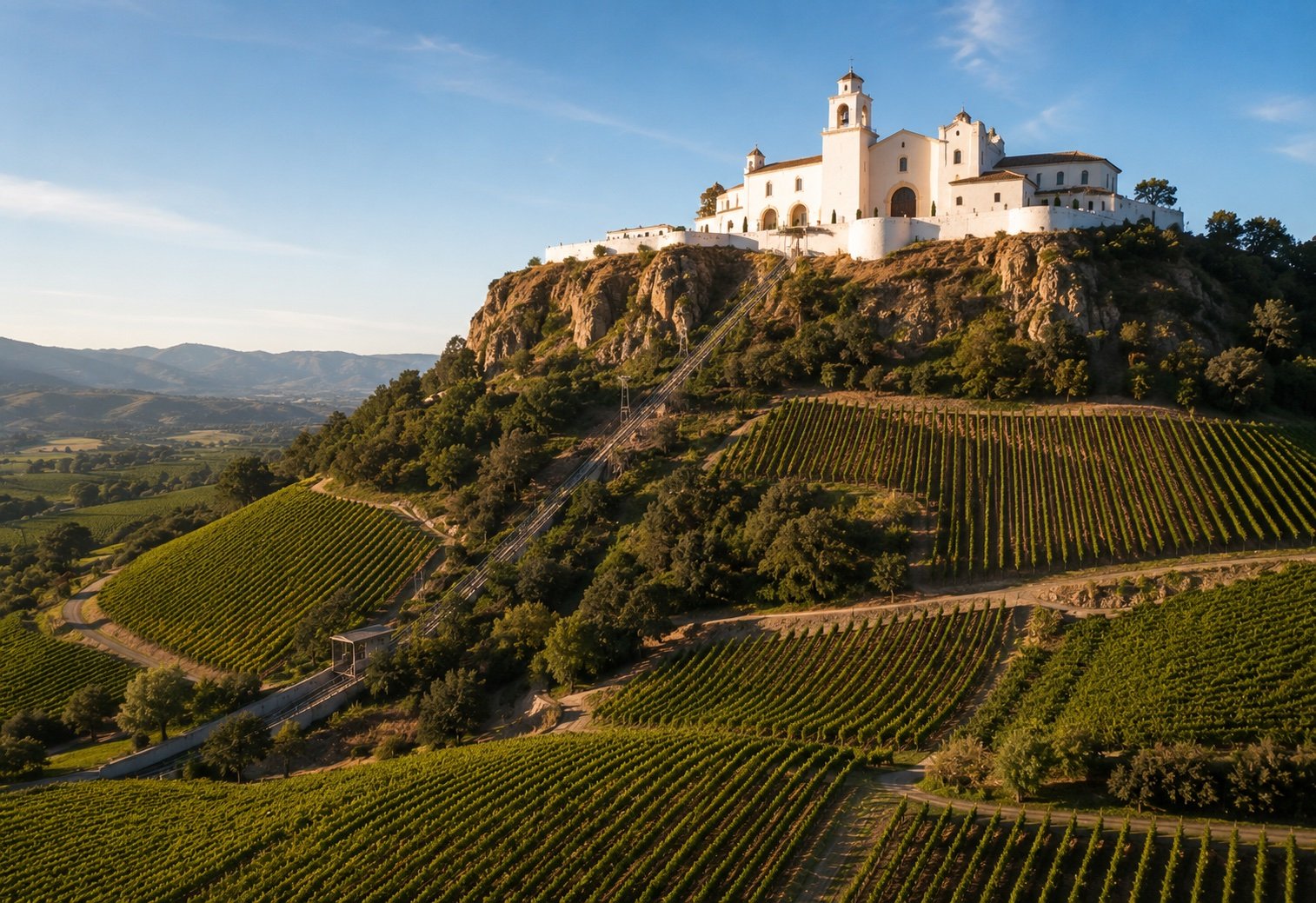 Sterling Vineyards aerial gondola tram gliding above Calistoga vineyard rows