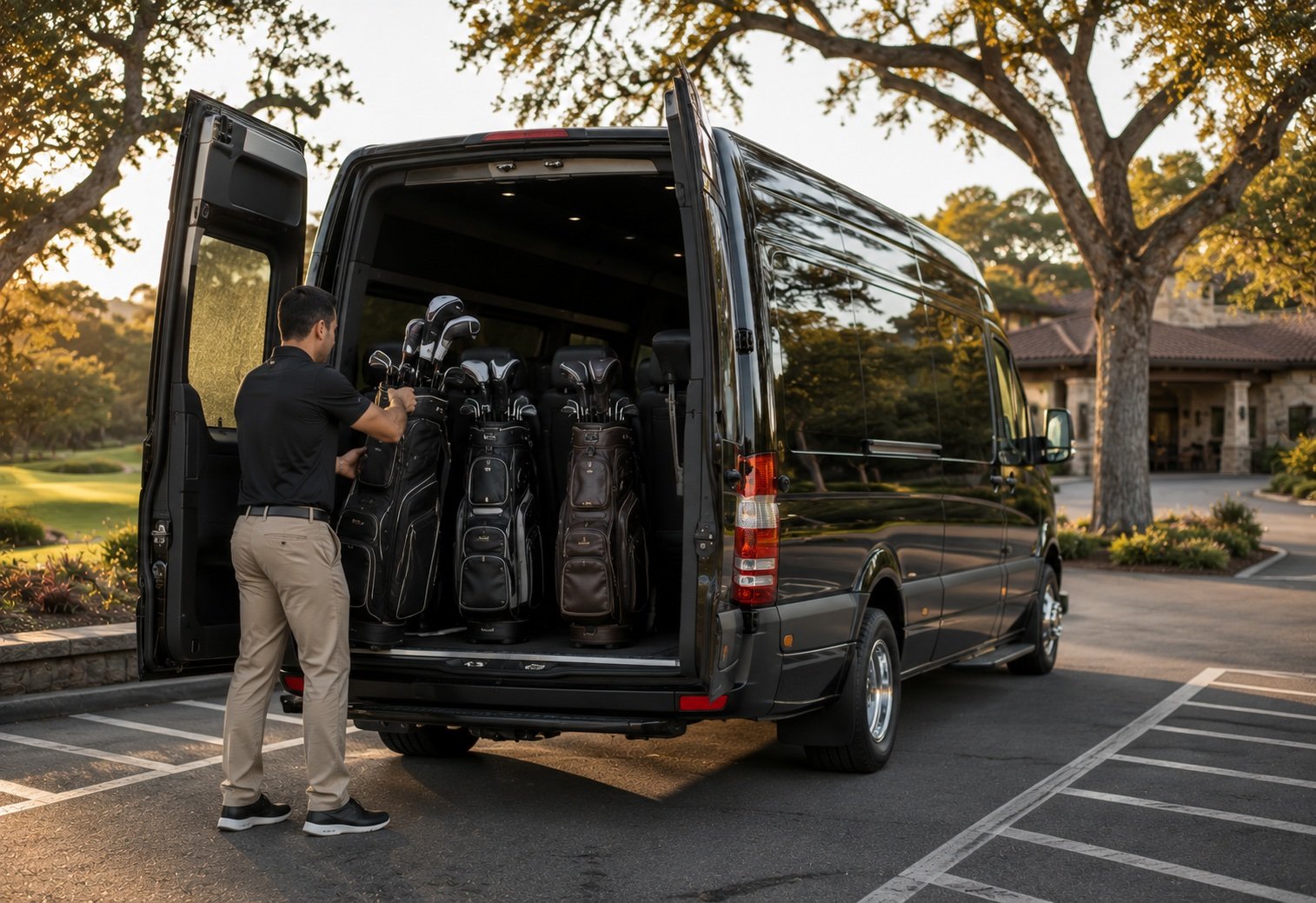 Professional driver loading golf bags into luxury Sprinter Van at Sacramento club