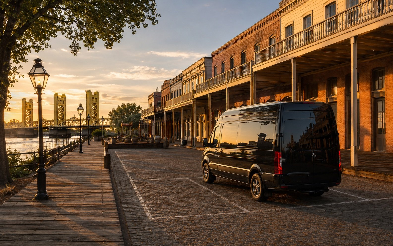 Old Sacramento waterfront historic district and cobblestone streets