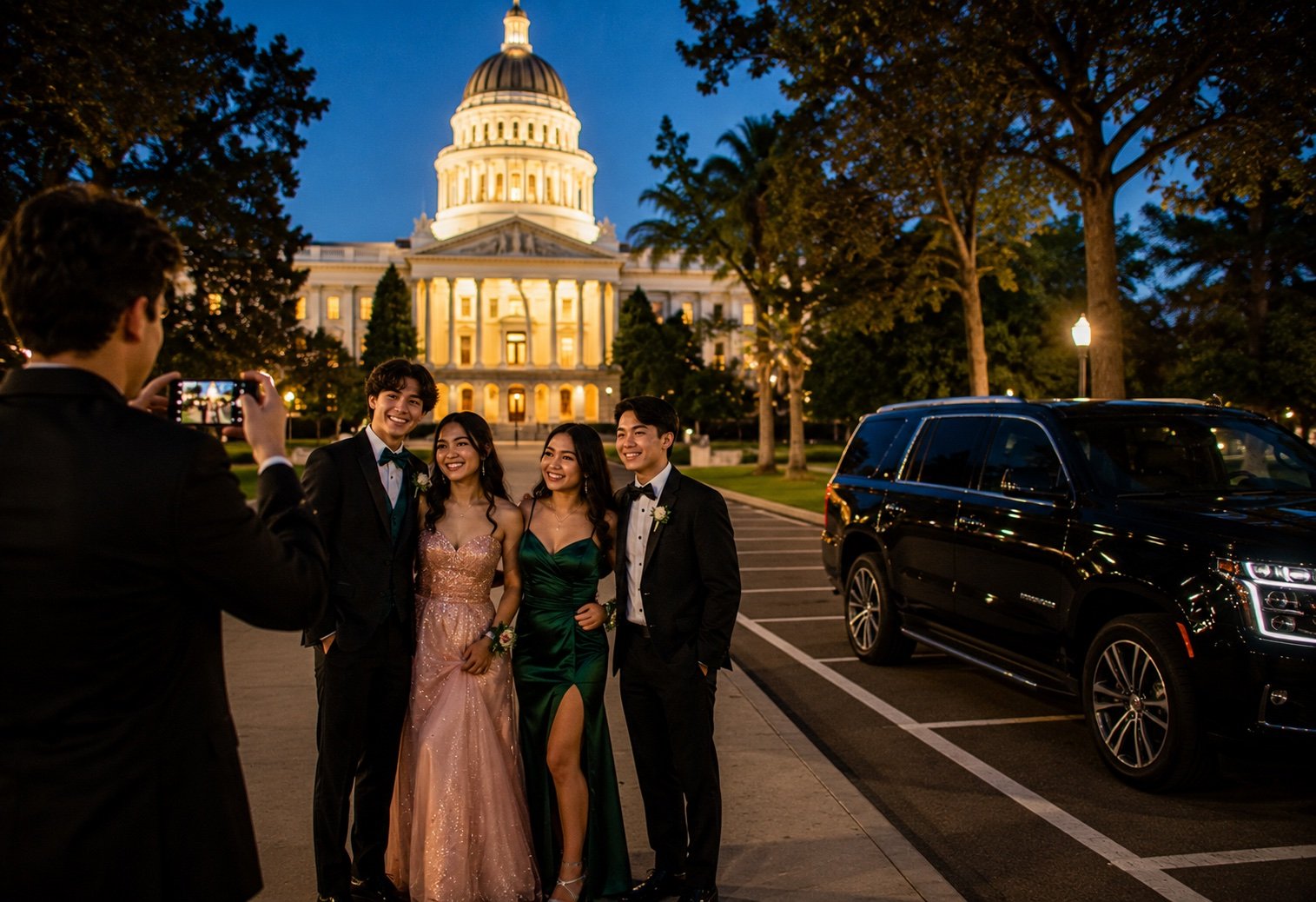 Sacramento prom group photo in front of the State Capitol building