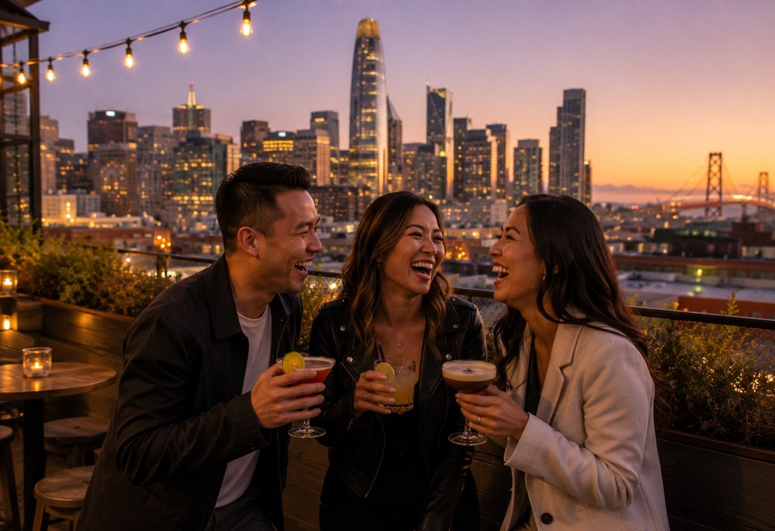 SOMA rooftop bar with San Francisco skyline views at night