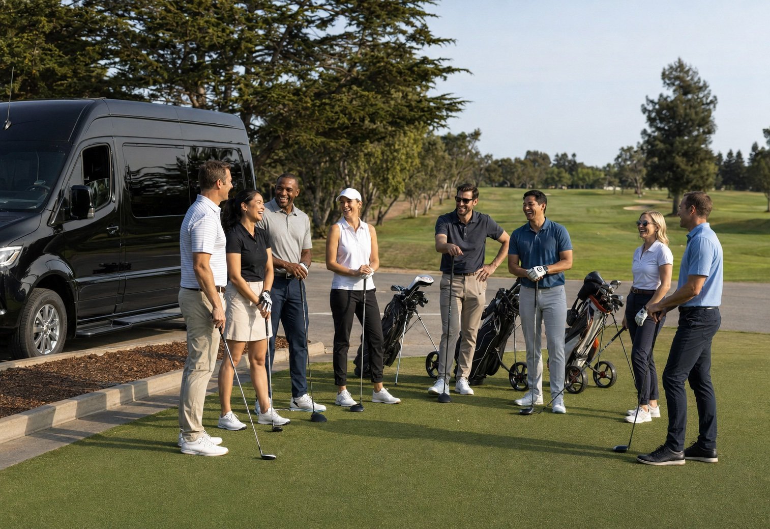 Corporate golf outing group at SF Bay Area golf course with luxury transportation